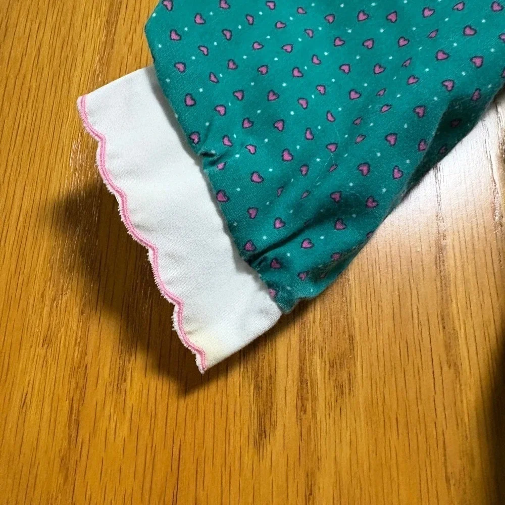 Vintage baby toddler  Green Heart Print Dress White Collar Pink Ribbon Detail